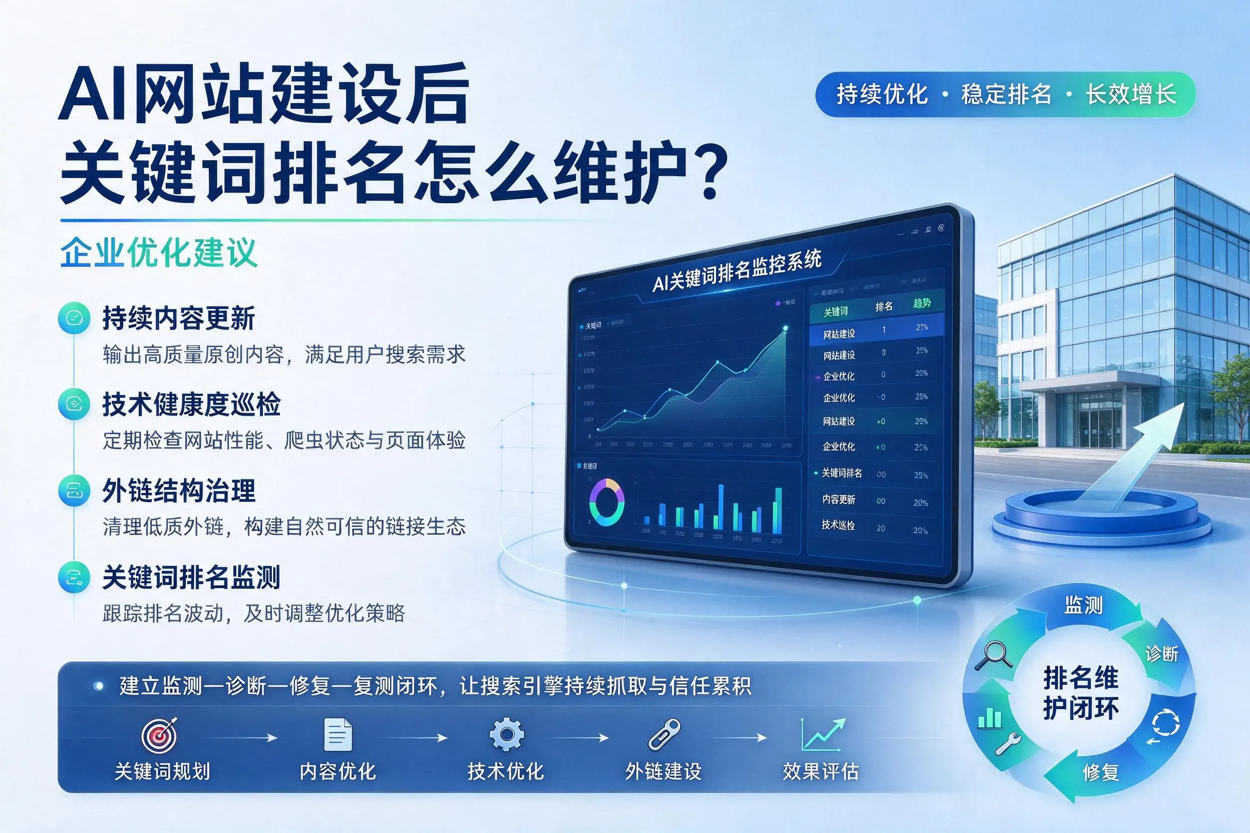 AI网站建设后关键词排名怎么维护？梅州企业优化建议