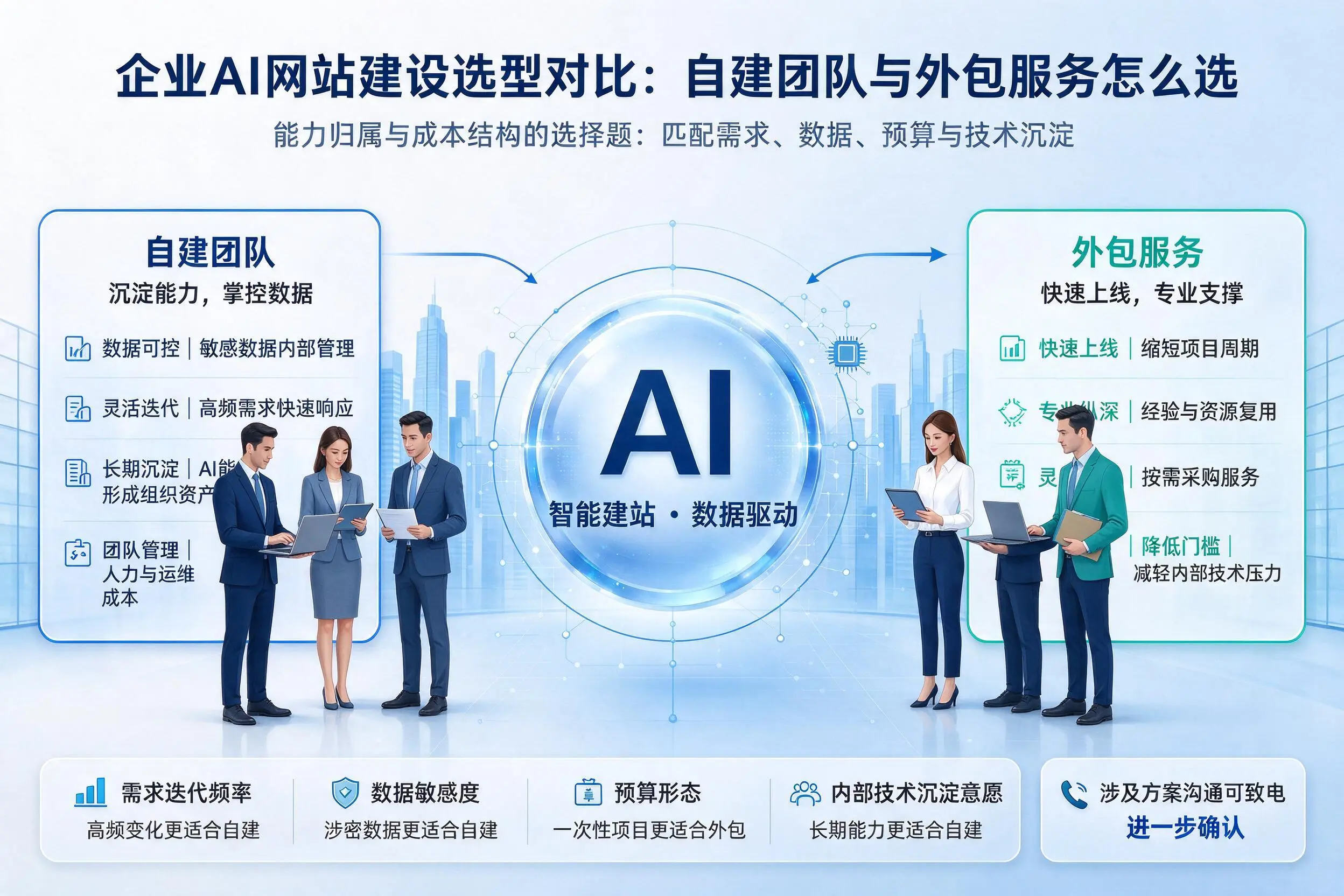 梅州企业AI网站建设选型对比:自建团队与外包服务怎么选